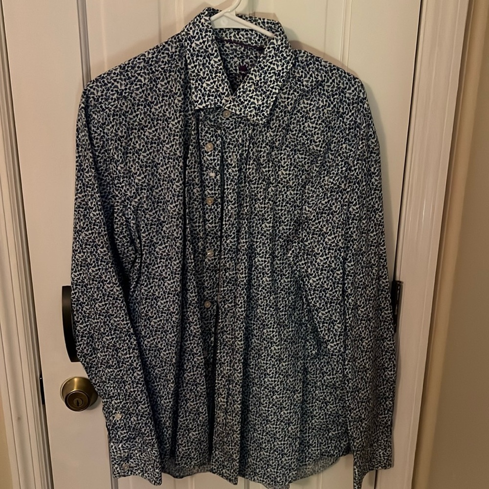 Blue butterfly pattern button down dress shirt.